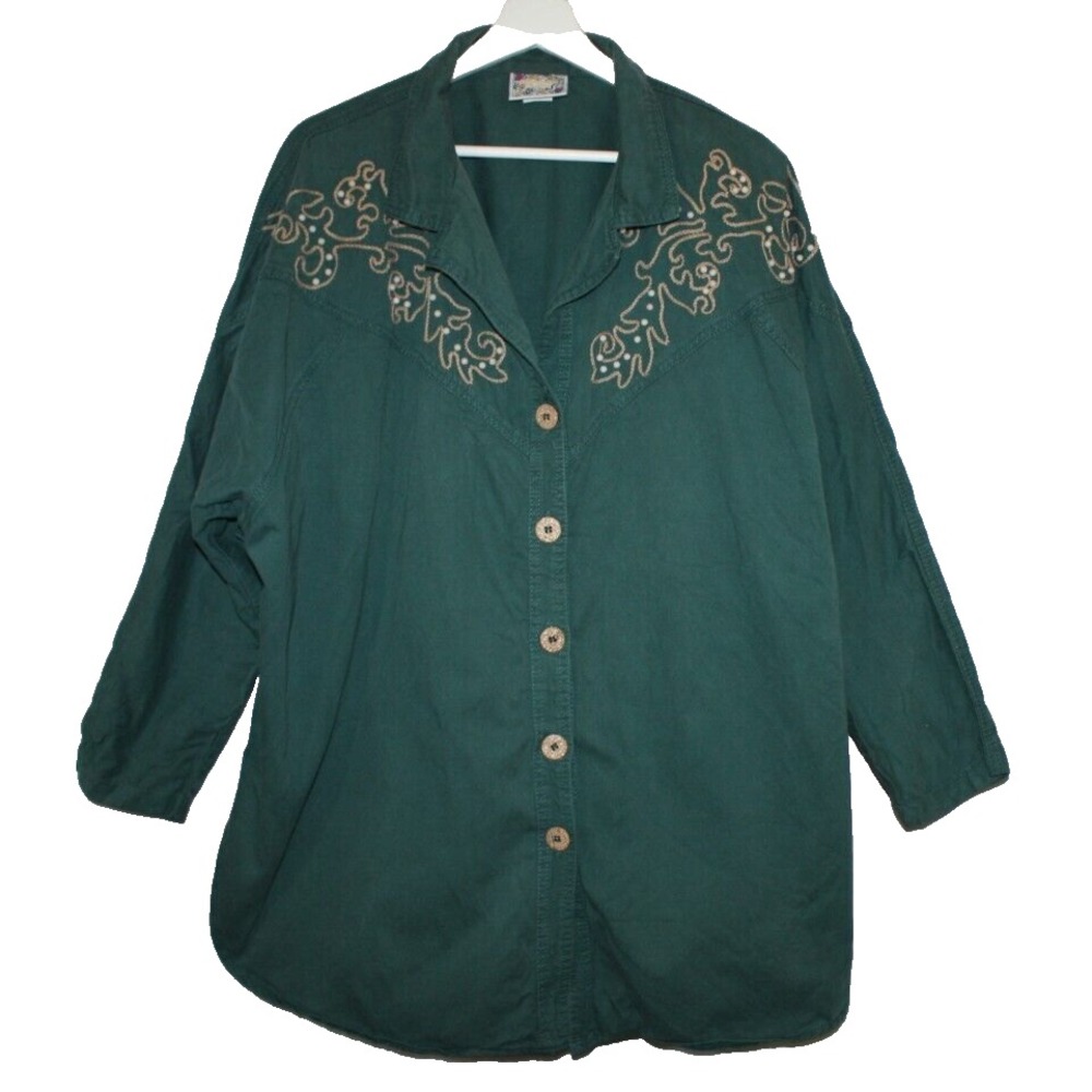Monique Top Womens 2X Green Fashions Button Up Western Beaded Lagan Look Shirt